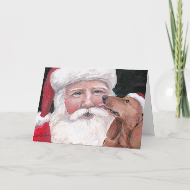 Cartão Red Dachshund Kissing Santa Claus Dog Art Greeting (Frente)