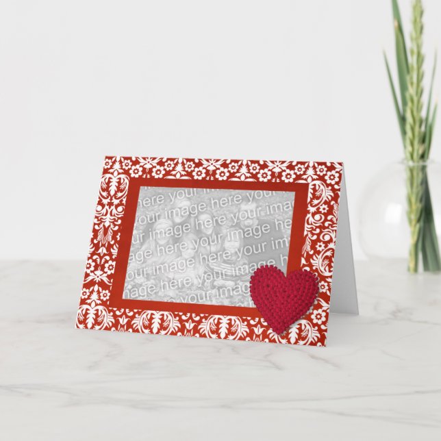 Cartão Red Damask with Heart Photo Frame (Frente)