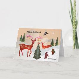 Cartão Red deer, bunnies, magpie Christmas