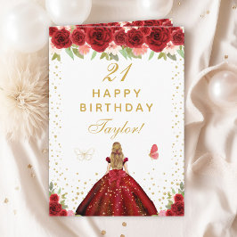 Cartão Red Floral Blona Hair Girl Happy Birday