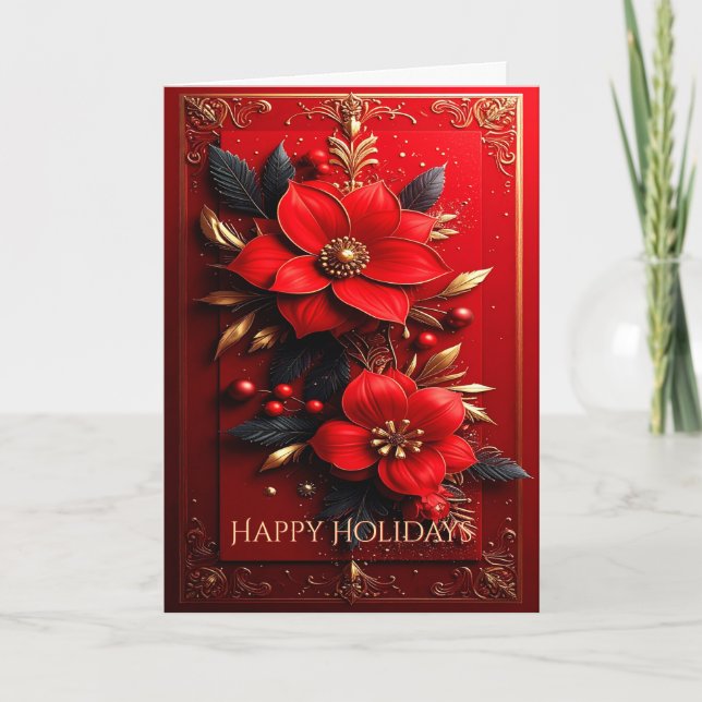 Cartão Red Flowers Decorative Holiday Card (Frente)