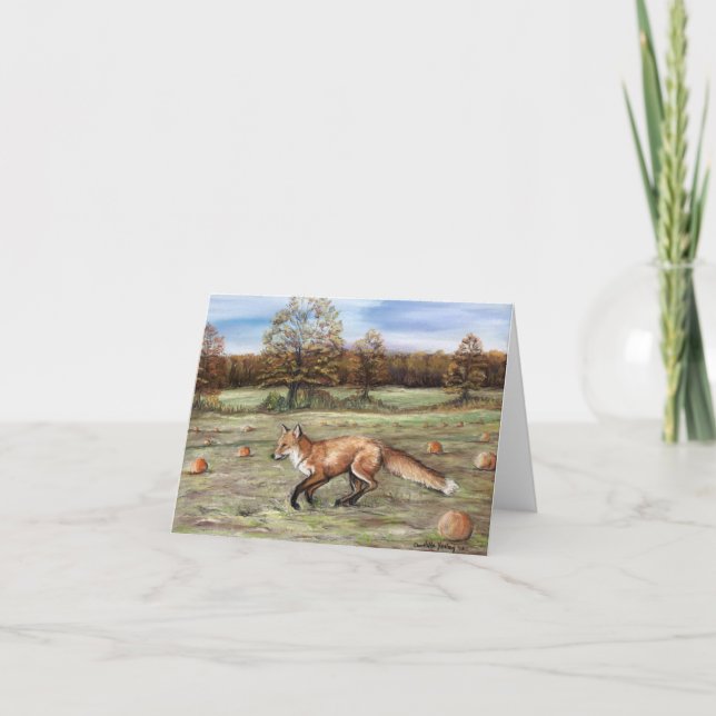 Cartão Red Fox in Pumpkin Patch Art Note Card (Frente)
