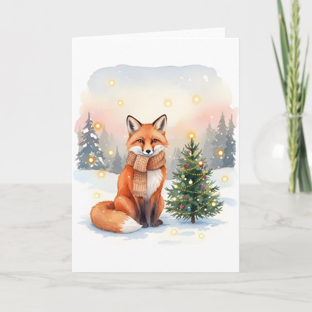 Cartão Red Fox with Brown Scarf and Christmas Tree (Frente)