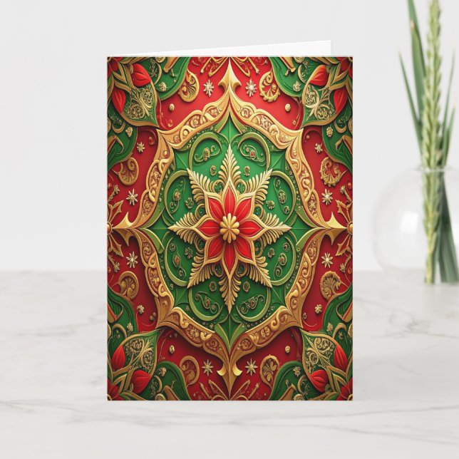 Cartão Red Green Gold Decorative Holiday Card (Frente)