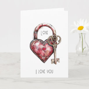 Cartão Red Heart Lock & Key Love