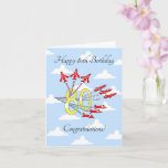 Cartão Red Jet Planes 80th (Blue Sky) Birthday Card<br><div class="desc">Celebrate that special 80th birthday with a congratulatory fly-past by nine aerobatic red jet planes,  flying through the blue sky with red,  white and blue trails.

A must for aviation fans,  and those that just like to celebrate in style!</div>
