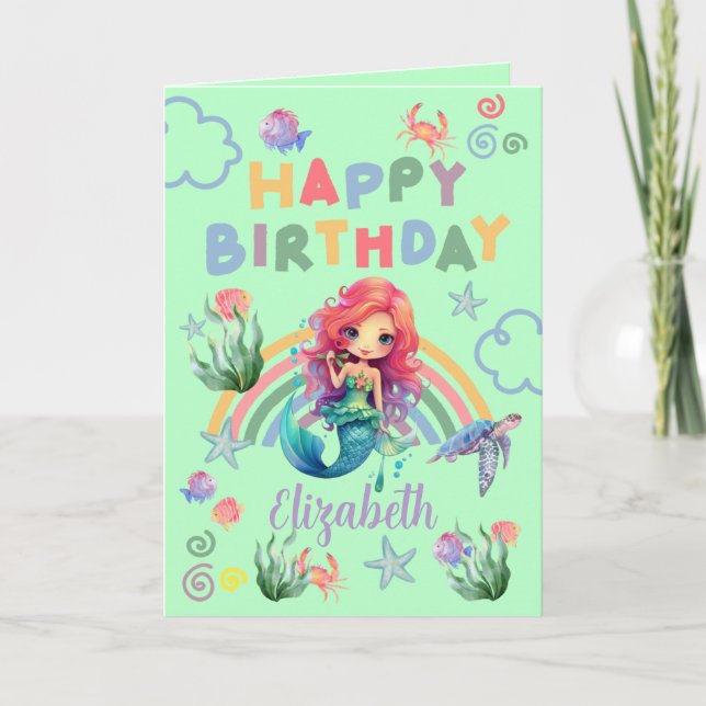 Cartão Red Mermaid Birthday Card in Green (Frente)