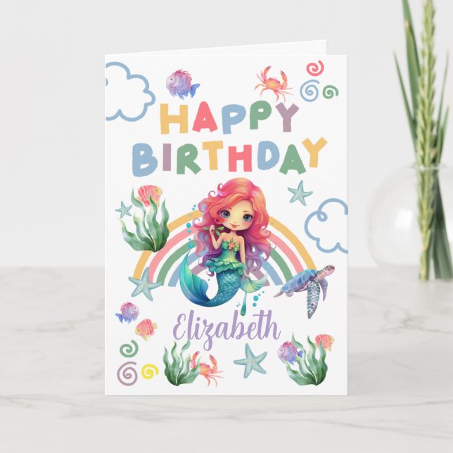 Cartão Red Mermaid Birthday Card in White (Frente)