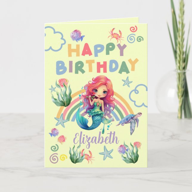 Cartão Red Mermaid Birthday Card in Yellow (Frente)