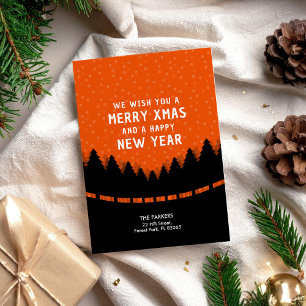 Cartão Red Merry Xmas com floresta e neve do estilo retrô