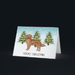 Cartão Red Ouro Retriever Dog Winter Feliz Natal<br><div class="desc">A ilustração original do desenho animado de Destei de um cão da raça Retriever, Ouro vermelho ou castanho-avermelhado de mogno. O cão é colocado numa cena de inverno com três árvores de abeto verde e neve caindo. O fundo é um gradiente azul a branco que dá à design aquele olhar...</div>