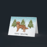 Cartão Red Ouro Retriever Dog Winter Feliz Natal<br><div class="desc">A ilustração original do desenho animado de Destei de um cão da raça Retriever, Ouro vermelho ou castanho-avermelhado de mogno. O cão é colocado numa cena de inverno com três árvores de abeto verde e neve caindo. O fundo é um gradiente azul a branco que dá à design aquele olhar...</div>