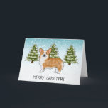 Cartão Red Pembroke Welsh Corgi Winter Felry Christmas<br><div class="desc">A ilustração original do desenho animado de Destei de um cão da raça Pembroke Welsh Corgi, de cor vermelha e branca, de casaco. O cão é colocado numa cena de inverno com três árvores de abeto verde e neve caindo. O fundo é um gradiente azul a branco que dá à...</div>