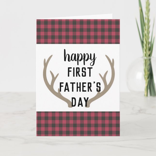 Cartão Red Plaid Antlers Rustic Happy First Father's Day (Frente)