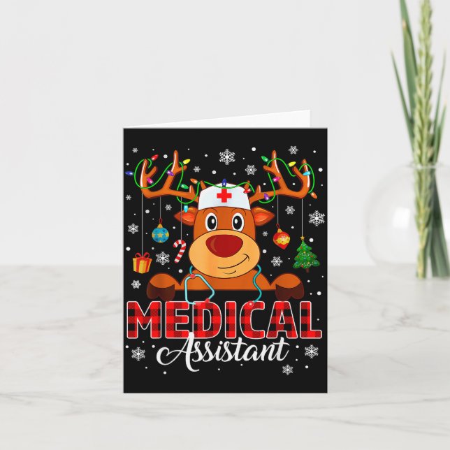 Cartão Red Plaid Medical Istant Nurse Reindeer Christmas  (Frente)