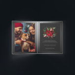 Cartão Red Poinsettia Christmas Botanic Winter Plant 2<br><div class="desc">Capture a beleza das poinsettias vermelhas,  uma planta botânica de Natal com faíscas de ouro,  mostrada em uma estrutura em tons de cinza contra um fundo de cinza escura. Este elegante cartão de saudação de Natal vem com texto personalizável e a opção de incluir uma foto personalizada.</div>