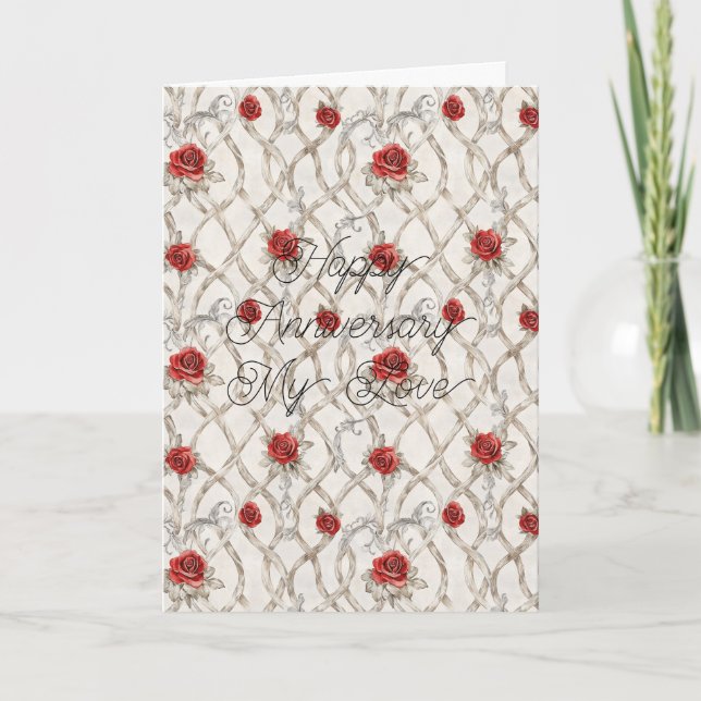 Cartão Red Roses Faux Wood Floral Anniversary (Frente)
