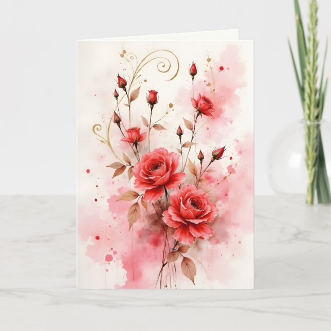 Cartão Red Roses Watercolor Anniversary Valentine's Day (Frente)