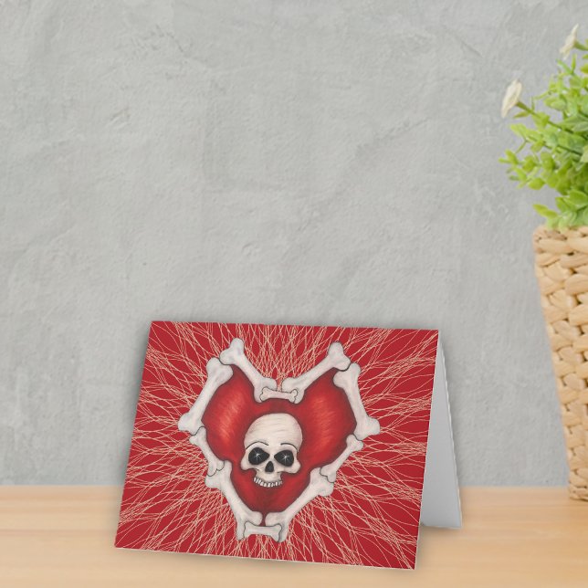 Cartão Red Spooky Heart Bone Outline Skull Spider Web (Gothic red heart outlined in bones on red with white abstract lines note card.)