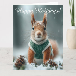 Cartão Red Squirrel in a Green Knitted Sweater with Text