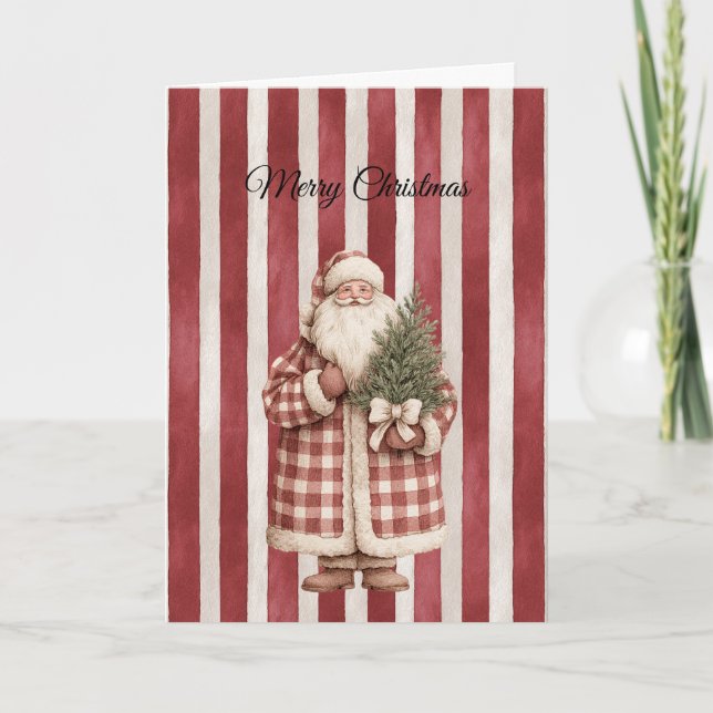 Cartão Red Stripes Christmas Santa with Tree (Frente)