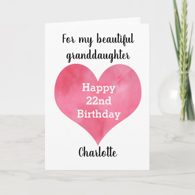 Cartão Red Watercolor Heart 22nd Birthday (Frente)