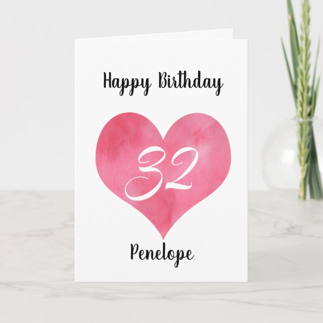 Cartão Red Watercolor Heart 32nd Birthday Card (Frente)