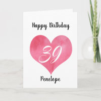 Red Watercolor Heart 39th Birthday Card
