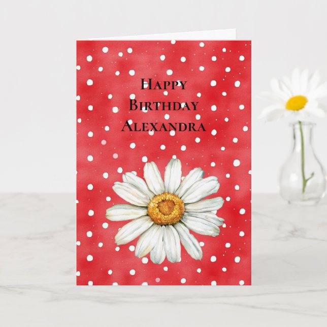 Cartão Red White Dots Daisy Flower Birthday (Planta pequena)