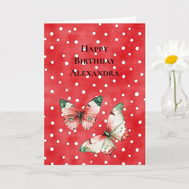 Cartão Red White Dots Red Green Butterflies Birthday (Planta pequena)