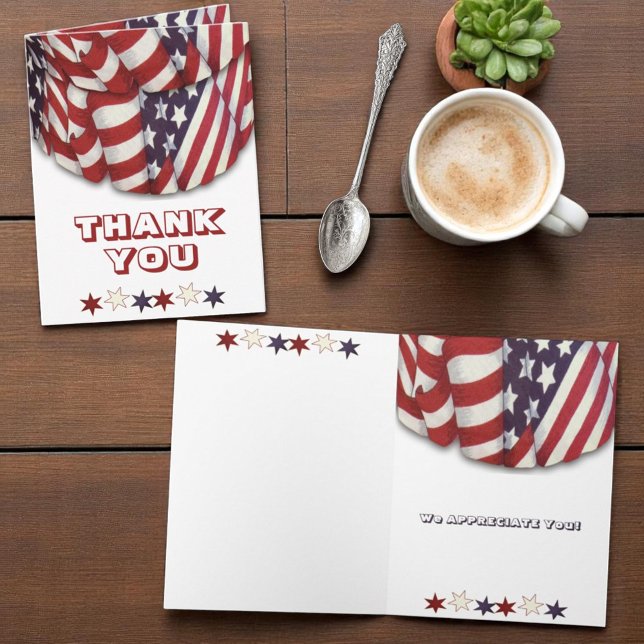 Cartão Red White e Blue Bunting com estrelas personalizad (front and inside thank you card)