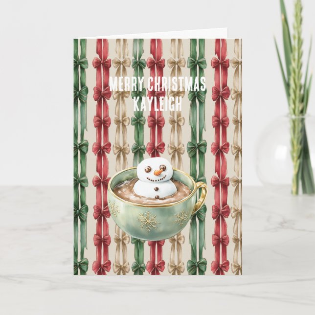 Cartão Red White Stripes Christmas Ribbons Snowman (Frente)