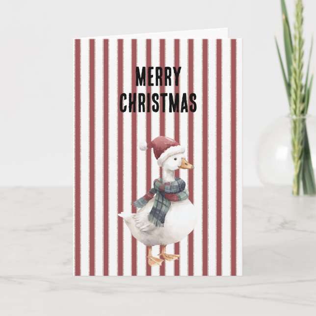 Cartão Red White Stripes Goose with Santa Hat Christmas (Frente)