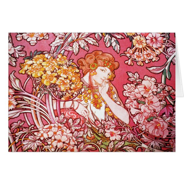 Cartão Redhead entre flores, Alphonse Mucha (Frente Horizontal)