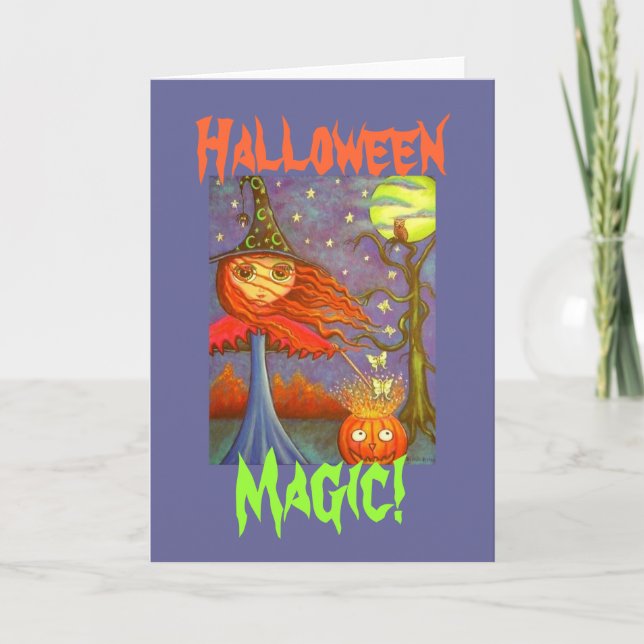 Cartão Redhead Halloween Witch Girl & Luna Moths (Frente)