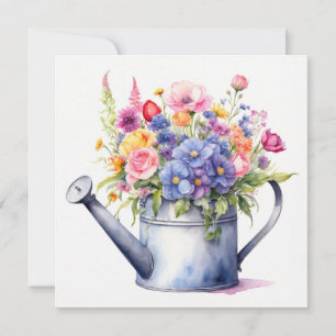 Cartão Regador de Aquarela com Flores de Jardim 