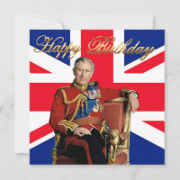 Rei Carlos III com bandeira britânica Parabéns