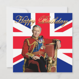 Cartão Rei Charles III com a bandeira britânica Feliz Ani