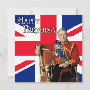 Cartão Rei Charles III com a bandeira britânica Feliz Ani