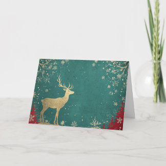 Cartão Reindeer de folha de ouro em queda de neve verde