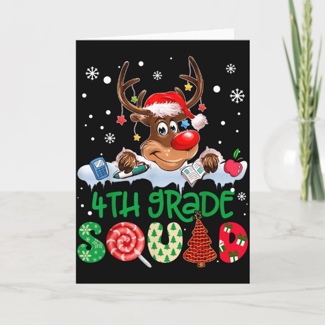 Cartão Reindeer Santa Hat 4th Grade Squad Teacher Christm (Frente)