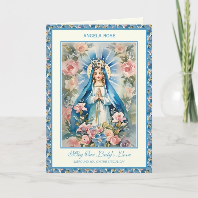 Cartão Religiosa Abençoada Mary Oração Floral Rosária (Frente)