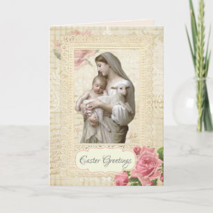 Cartão Religioso Vintage Feliz Páscoa Maria Jesus Floral