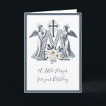 Cartão Religious Birthday Marian Cross with Angels Flower<br><div class="desc">This is a beautiful custom designed vintage image of a Marian Cross with angels on each side. A lovely flower is in the middle. The Marian Cross "M" represents Mary who stood at the foot of the cross of her Son. Inside is the same image with a rosary added below....</div>