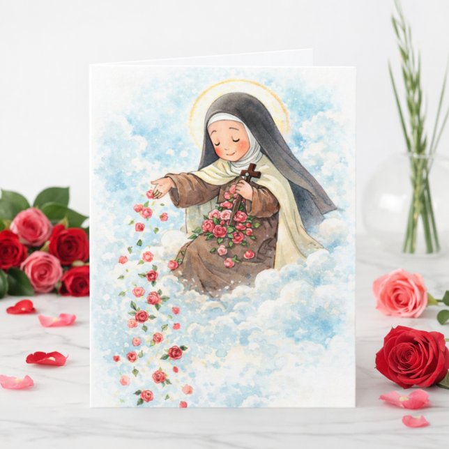 Cartão Religious St. Therese Pink Vintage Roses Quote  (Criador carregado)