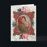 Cartão Religious Virgin Mary Jesus Vintage Floral Card<br><div class="desc">This is a beautiful traditional Catholic customized image of the Blessed Virgin Mary with the Baby Jesus,  known as Madonna of the Street with a vintage golden frame and  blue blue-flowers and pink roses. All text and fonts may be modified to suit the occasion and recipient.</div>