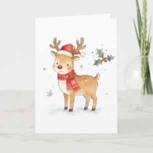 Cartão Rena com Nariz Vermelho e Cachecol para o Natal