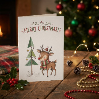Cartão Rena de Natal Aquarela Fofo VintageFloresta
