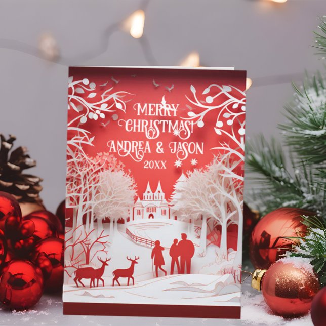 Cartão Renas e Pessoas em 3D na Aldeia (Criador carregado)