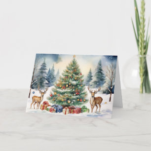 Cartão Renas na Neve com Presentes da Árvore de Natal